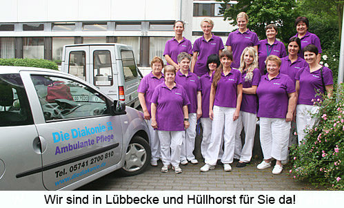 Die ambulante Pflege der Diakonie Das professionelle Pflegeteam der Diakoniestation macht es möglich, dass Menschen trotz Krankheit oder Pflegebedürftigkeit in den eigenen vier Wänden bleiben können. Dabei steht der einzelne Mensch im Mittelpunkt unserer Arbeit. Wir sehen ihn mit seinen körperlichen Leiden, seinem Lebensmut und seinem Wunsch, Nähe und Zuwendung zu erfahren. Wir kommen zu Ihnen nach Haus. Auf ihre persönlichen Bedürfnisse abgestimmt, bieten wir Ihnen vielfältige Unterstützung an. So können Sie Ihre Selbständigkeit bewahren. Wir sind überall im Altkreis Lübbecke ganz in Ihrer Nähe.