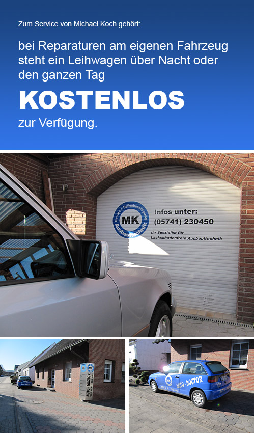 Auto-Doctor - Michael Koch Kennen Sie das: Sie waren nur wenige Minuten im Supermarkt, kommen mit dem Einkauf zu ihrem Auto zurück und entdecken eine Delle in Ihrer Fahrertür oder einen Parkrempler an Ihrer Stoßstange? Damit beginnt erst der Ärger, denn in aller Regel ist der Verursacher über alle Berge und Sie stehen vor dem Problem, wie und wo sich diese Dellen gut und günstig beheben zu lassen. Die Lösung: Der Auto-Doctor an der Bergstraße 7 in Blasheim. Dellen und Lackschäden verschwinden wir von Zauberhand, das verspricht Michael Koch, Ihr Experte für lackschadenfreie Ausbeultechnik. Der gelernte Kfz-Mechaniker hat seit 1979 Erfahrung in nahezu allen Bereichen der Fahrzeugreparatur. Seit 2003 ist er nun einer von bundesweit 60 Auto-Doctoren, die ausgesprochen kostengünstig und schnell Schäden beheben können, ohne häufig auch nur eine Karosserieverkleidung entfernen zu müssen.