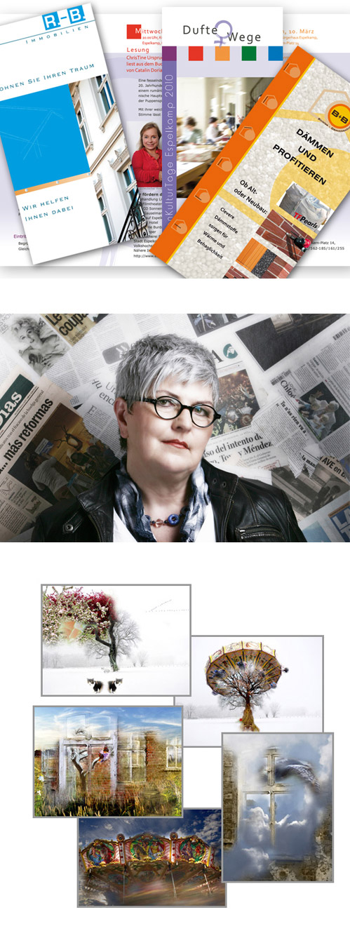 Ihre eigene k&uuml;nstlerische Nische hat Silvia Erdmann unter der &Uuml;berschrift "Digitale Bilderwelten" gefunden. Mit dem Foto einer rostigen alten Feder, das sie farblich bearbeitete und ver&auml;nderte, fing ihre Arbeit an diesen Bilderwelten an. Diese Technik hat die selbst&auml;ndige Grafik-Designerin st&auml;ndig verfeinert. Das Ergebnis: Aus vielen Fotos, die sie meist selbst macht, in vielen Schritten bearbeitet und teilweise auch verfremdet, komponiert sie ein v&ouml;llig neues mit komplett neuer Aussagekraft. Diese Kreativit&auml;t setzt sie auch bei der Gestaltung unterschiedlichster Produkte f&uuml;r ihre Kunden ein. Silvia Erdmann ist &uuml;berzeugte "Netzwerkerin". 2006 schloss sie sich "UTE" an, dem Unternehmerinnen-Treff Espelkamp. Hier arbeitet sie engagiert mit und hat so zahlreiche gesch&auml;ftliche Kontakte kn&uuml;pfen k&ouml;nnen.