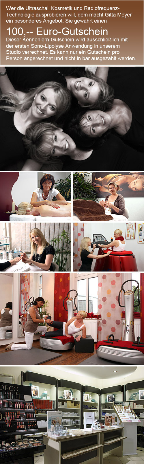 Gitta Meyer Kosmetikstudio Kunstwerke auf kleinstem Raum Mit kleinen Kunstwerken auf den Nägeln zieht Frau ganz sicher die Aufmerksamkeit bei der nächsten Party auf sich. Einfallsreich in der Formengebung, mutig und treffsicher in der Farbzusammenstellung: Mit ruhiger Hand zaubern die Spezialistinnen im Kosmetik-Studio Gitta Meyer unterschiedlichste Motive auf wenige Quadratmillimeter, lassen Nägel glitzern und blitzen. Nagelmodellage und das Nail-Controll-System vervollständigen das umfangreiche Angebot rund um die Handpflege.