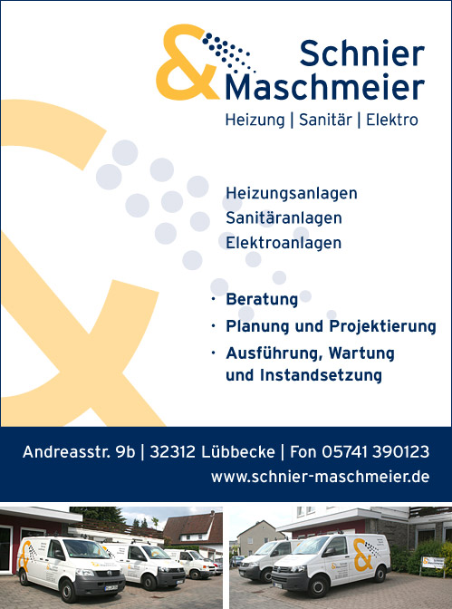 Schnier & Maschmeier GmbH Immer direkt am Kunden sein, eine gute und schnelle Auftragserledigung und ein 24-Stunden-Notdienst: Das sind die Maximen des Handwerksbetriebes Schnier & Maschmeier. Die Geschäftsführer Bernd Schnier und Dirk Maschmeier und ihr Team sind reine Dienstleister. Das hat für die Kunden den immensen Vorteil, dass die Fachleute des Meisterbetriebes schnell vor Ort sind, wenn Not am Mann ist.