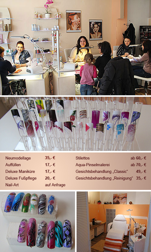 Xristina´s Nail-Lounge Christina Strimpinou ist staatlich geprüfte Kosmetikerin und Nail-Designerin und versteht es, ganz individuelle, handgemalte Kunstwerke auf Fingernägel zu zaubern. Es finden ausschließlich qualitativ hochwertige Produkte von namhaften Firmen wie "ABC Nail Store" und "LCN" Verwendung. Außerdem werden in einem stimmungsvoll eingerichteten Raum Gesichts- und Kosmetikbehandlungen, u.a. mit Produkten von "etre belle", angeboten. Lassen Sie sich von Christina Strimpinou und ihrem Team überraschen und verwöhnen!