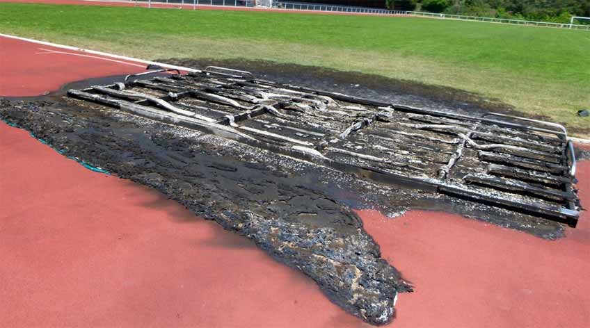 Von dem Sprungkissen blieb nur das Grundgestell &uuml;brig.