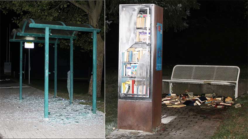 Ruhestörung, Sachbeschädigungen und Brandstiftung: Jugendliche treiben ihr Unwesen Die Unbekannten zerstörten die Scheiben von zwei Wartehäuschen. Außerdem wurde der Bücherschrank durch das Feuer stark in Mitleidenschaft gezogen.