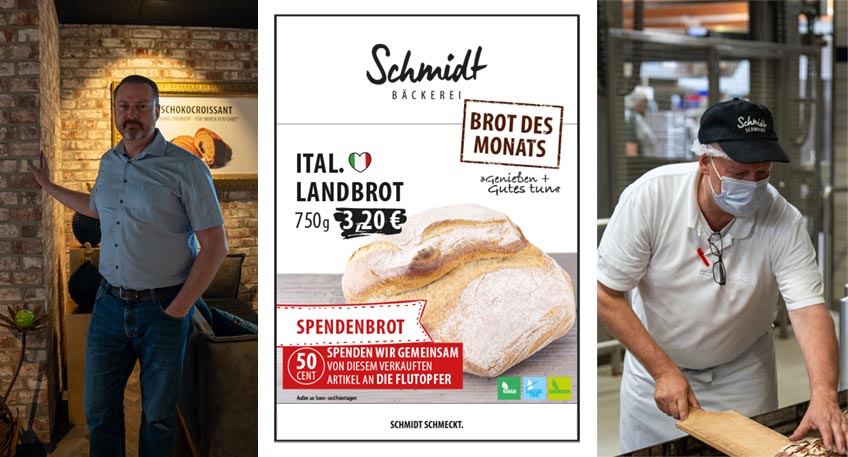 »Die Bilder haben uns alle erschüttert. Wir wollen schnell und unbürokratisch mit einer Spendensammlung helfen,« so die Geschäftsführer Martin Manski und Jürgen Staiger-Bruckamp. Die Bäckerei Schmidt hat somit das »Brot des Monats« vom Rabattbrot zum Spendenbrot umfunktioniert.