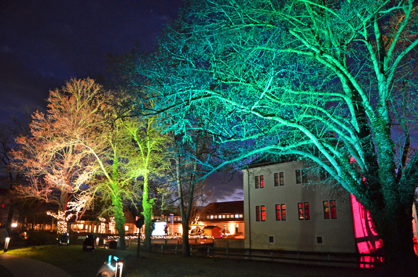 Schloss Benkhausen erstrahlt wieder in weihnachtlichem Glanz: Eine acht Meter hohe, festlich geschm&uuml;ckte Tanne, der beleuchtete Brunnen, zahlreiche Lichterketten an den B&auml;umen und das aufwendig illuminierte Schloss erzeugen eine au&szlig;ergew&ouml;hnliche Atmosph&auml;re.